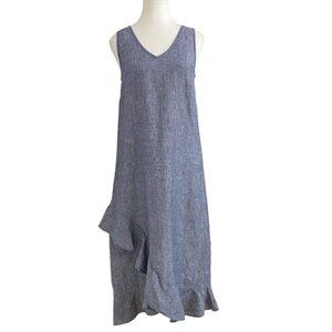 LORD & TAYLOR 100% LINEN BLUE CHAMBRAY SLEEVELESS V-NECK MAXI DRESS - XS